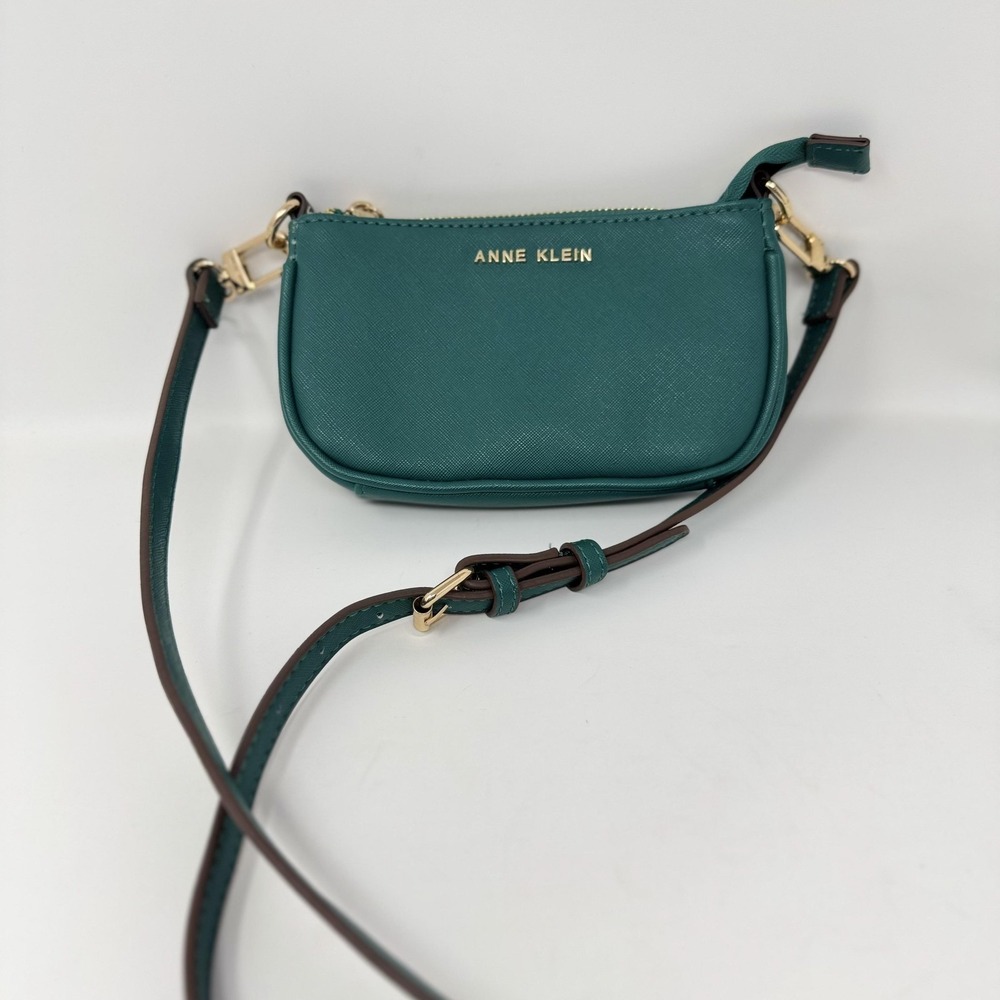 Anne‎ Klein Crossbody Bag Womens Mini Teal Green Faux Leather Chain Strap Zip